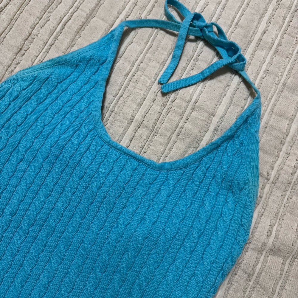 Y2K Gap Cotton Blend Cable Knit Halter Neck Blue Tank Top - Picture 2 of 6